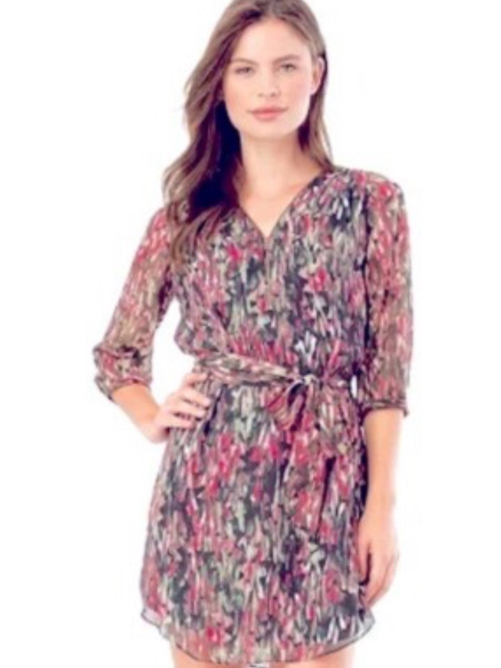 Iz Byer Splashes of Red Fuchsia Green Black Tones Multi Print V-neck